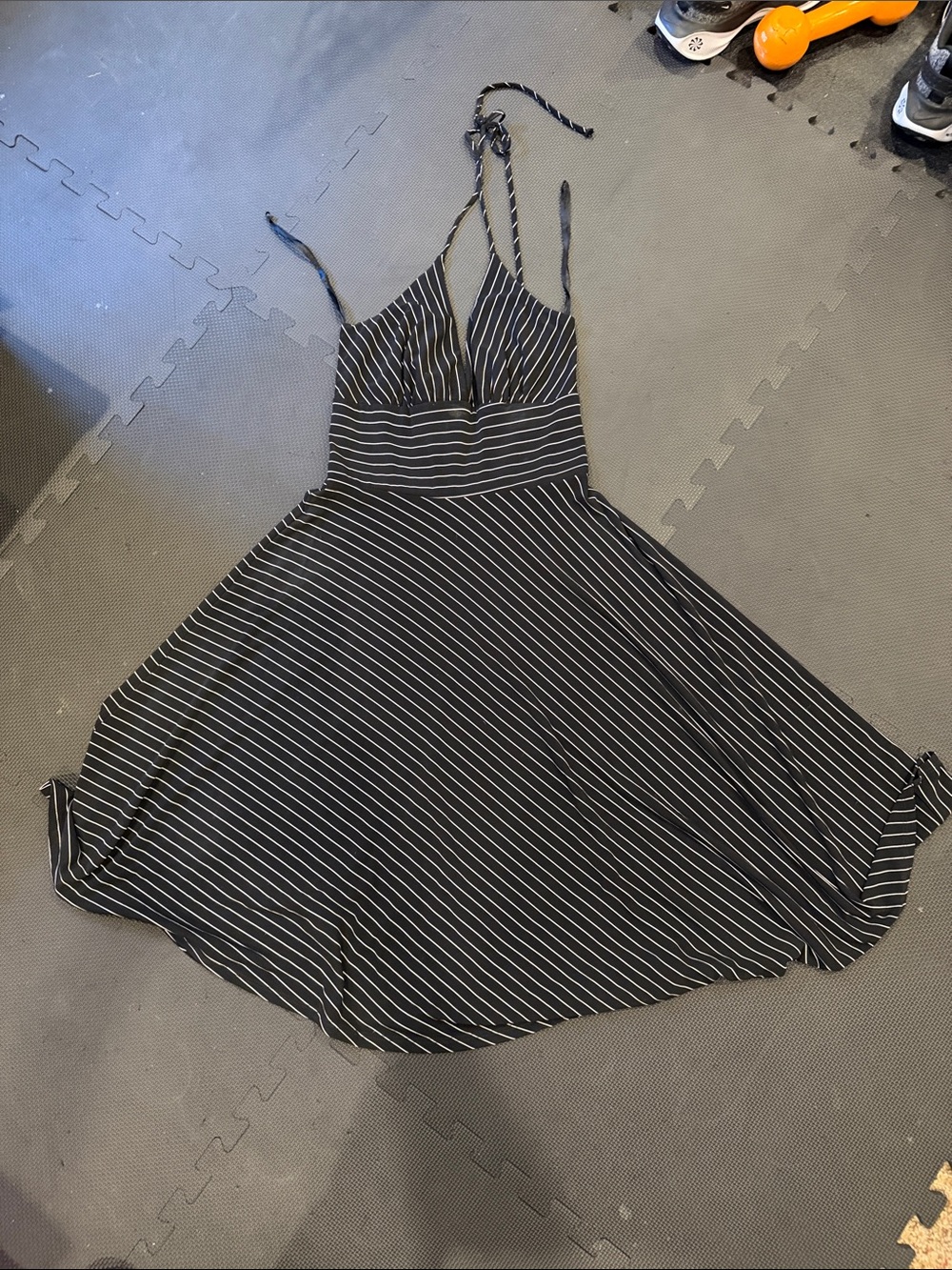 A.P.N.Y. Black Halter Dress with White Pinstripes